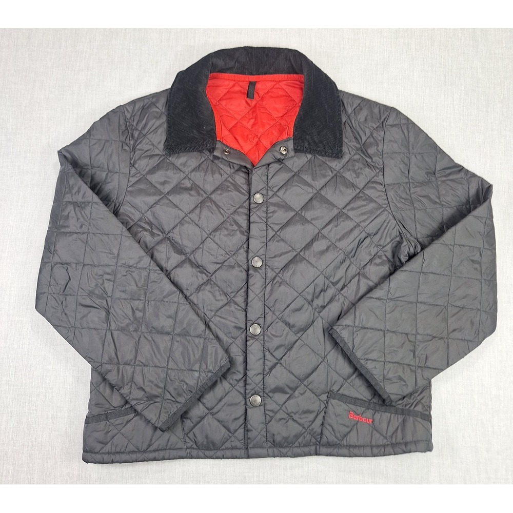 Barbour Mens Quilted Jacket Charcoal Grey Red Lining Corduroy Collar Snap Front